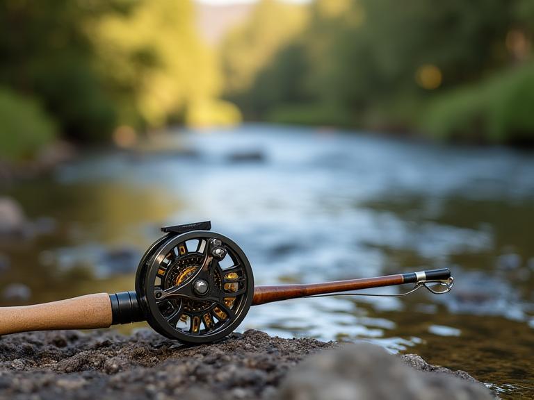 Fly fishing rod and reel by stream